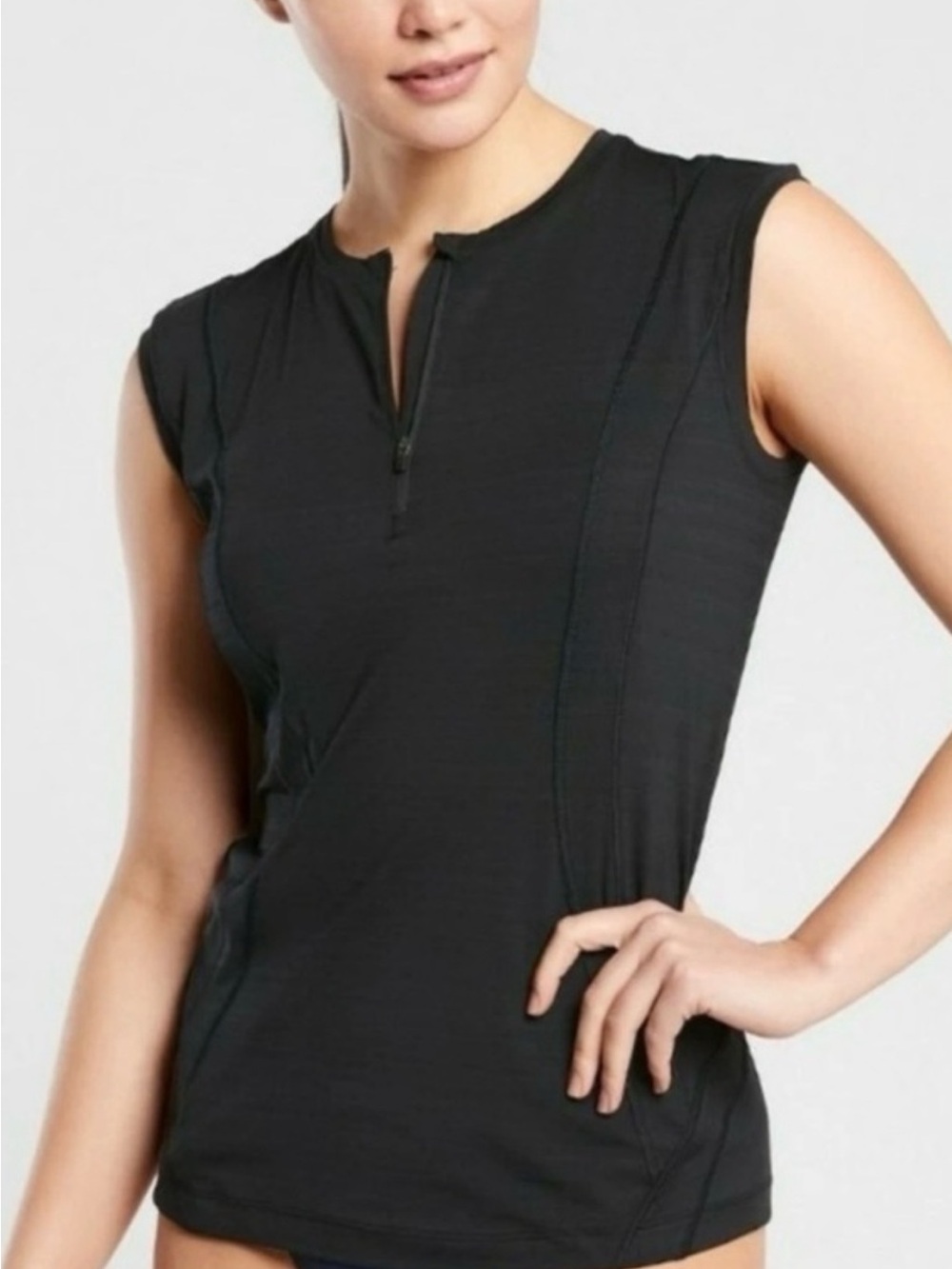 Athleta Pacifica Sleeveless Zip-Front Swim Rash Guard with rusched sides, black